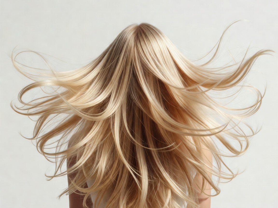 Beautiful airy hair in dynamic motion illustrating focused high-velocity directional airflow drying