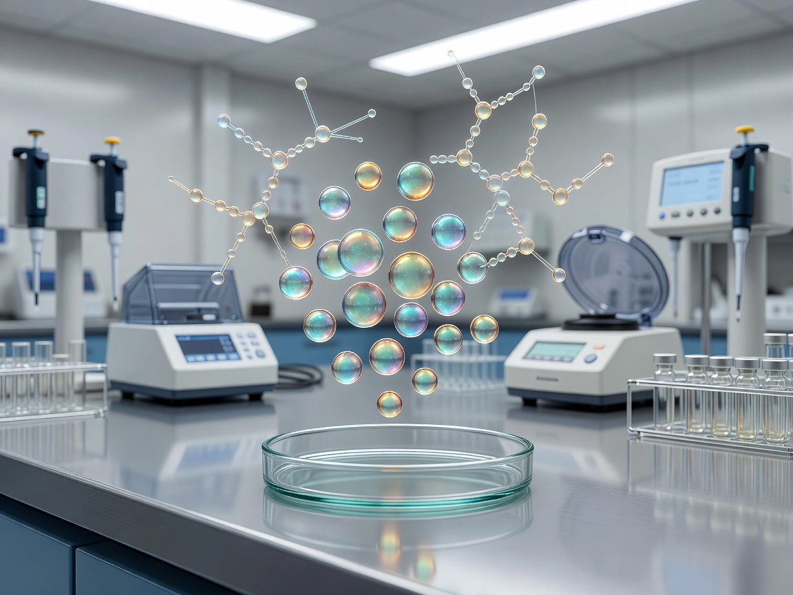 Clinical laboratory setting with active serum micro-droplets symbolizing macromolecular peptide reconstruction